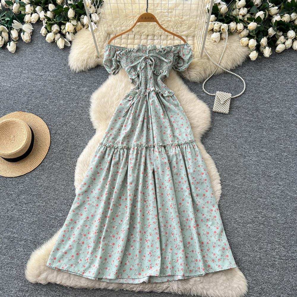 French sweet style square neck floral dress women's summer pleated waist strap A word temperament long dress red