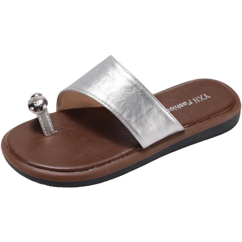 

Нишевые тапочки с металлическим носком женские летние 2025 новые французские сандалии на плоской подошве пляжные сандалии женские 35 серебряный
