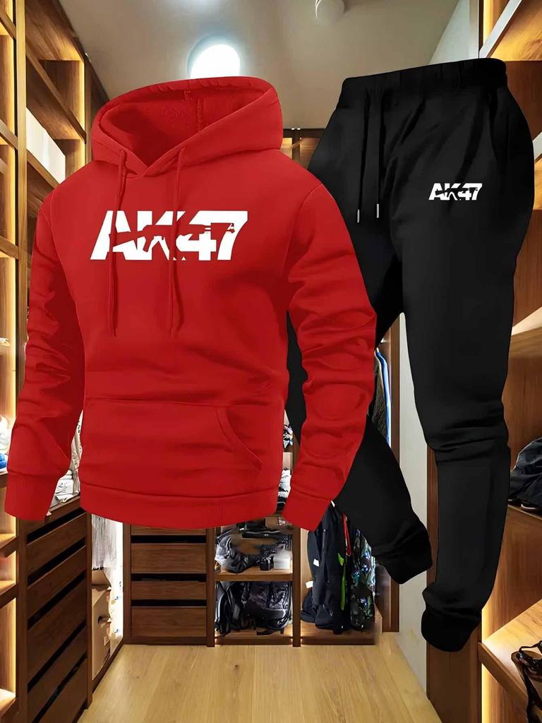 Men's AK Letter Print Casual Two-Piece Hoodie and Sweatpants Set