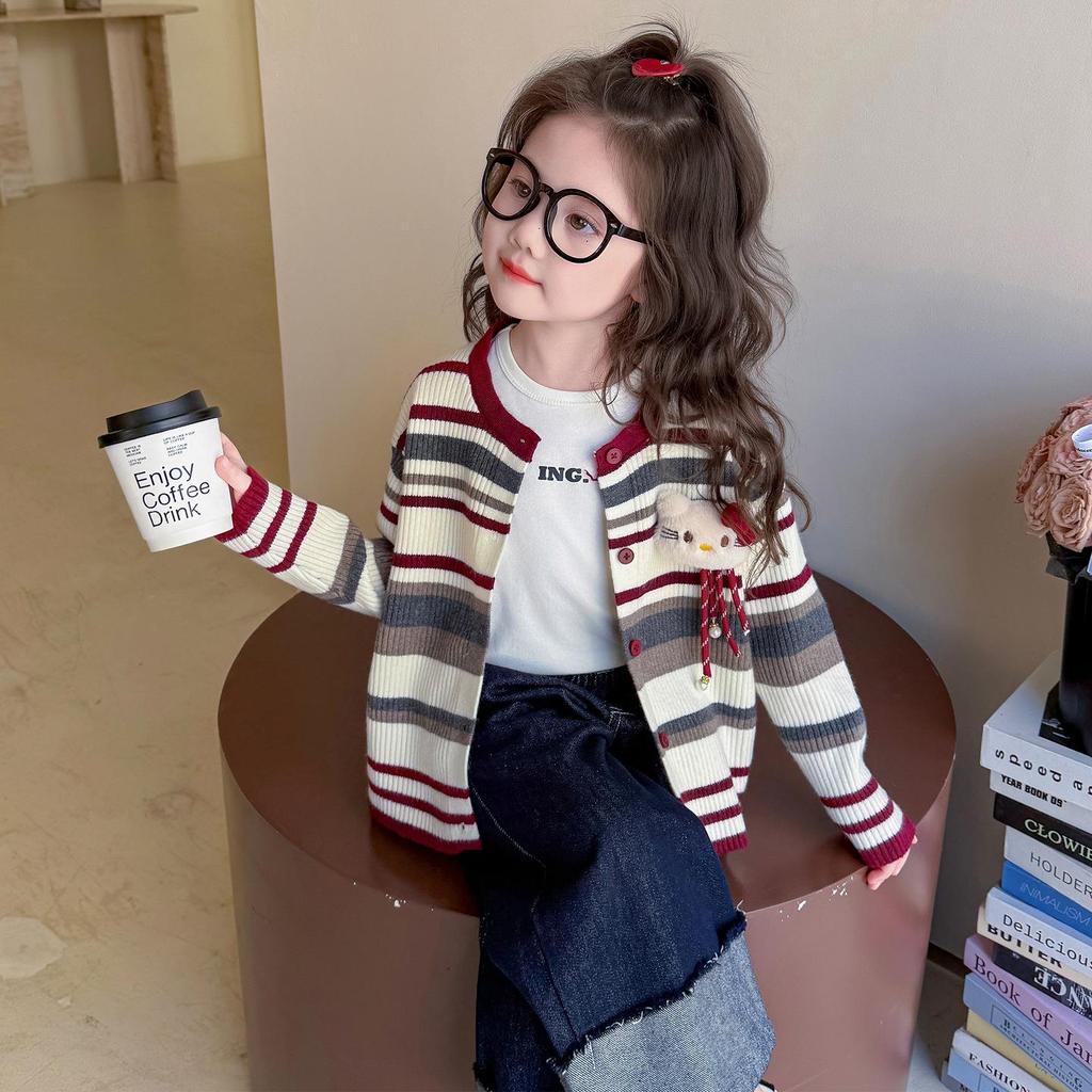 Herbst 2025 Mädchen Strickjacke mit Streifen - Stilvoller Pullover für kleine bis mittlere Kinder