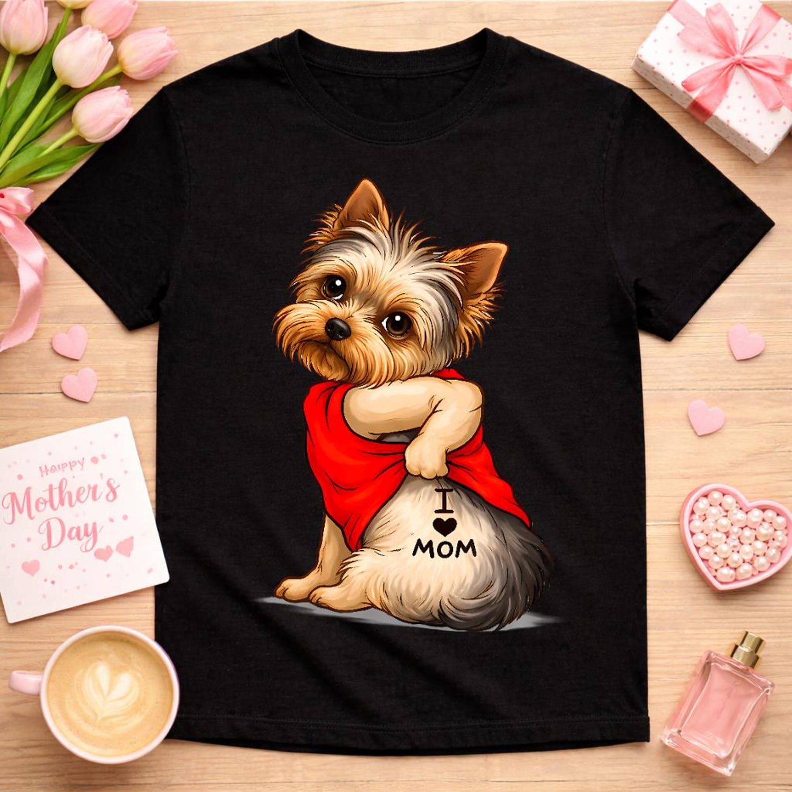 Tattooed Yorkie Shirt, Yorkshire Terrier I Love Mom Tee, Dog Lover Gift, Mother s Day 3XL