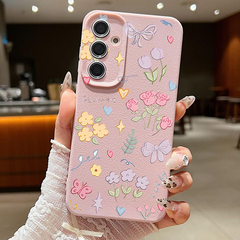 Cartoon Floral Bowknot Print Slim Phone Case For Samsung S25 S24 FE S23 Ultra A36 A56 A16 A55 A26 A35 Leather Texture TPU Soft Shockproof Matte Cover