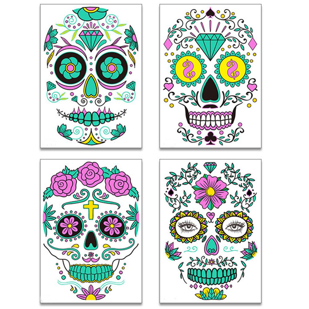 Funny Halloween Luminous Tattoo Sticker, 2/4pcs Glow in Dark Sugar Skull Face Stickers for Face Tattoos Waterproof Facial Party