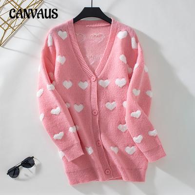 Herbst und Winter Damen Übergröße Strickpullover V-Ausschnitt Liebe Jacquard Mittellange Strickjacke