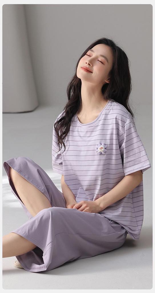 Women's Pure Cotton Pajama Set with Built-in Bra, Short Sleeve Top & 7/8 Pants - Sweet Summer Homewear.