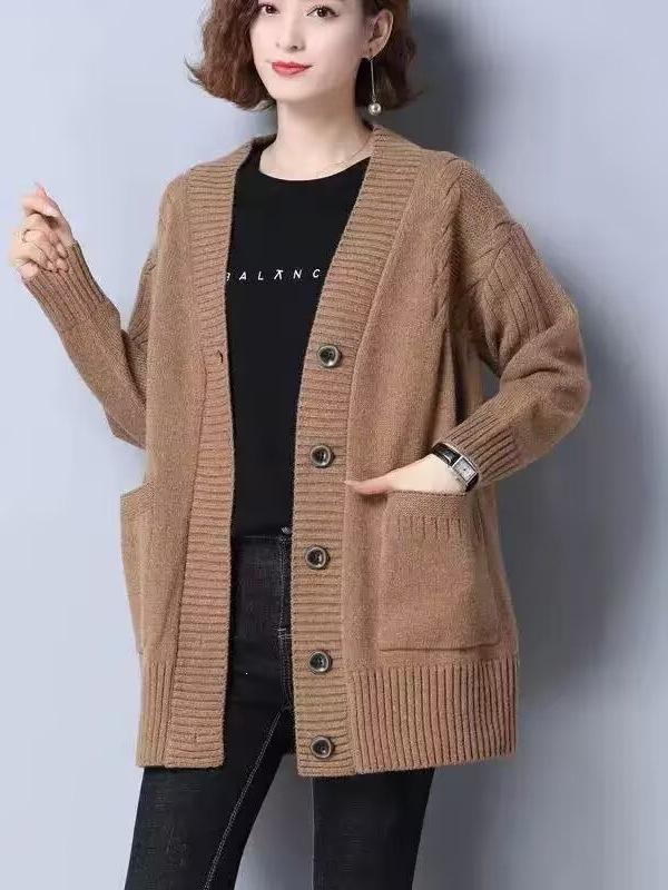 Women's Mid-Length Knitted Cardigan - Stylish Plus Size Loose Sweater for Autumn/Winter