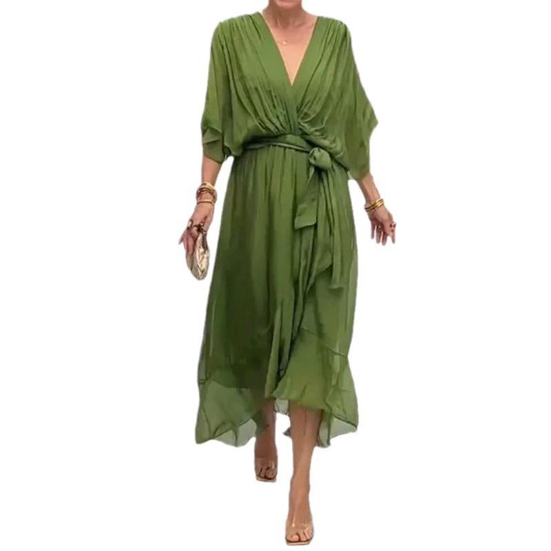 2026 European Women's Lace-up Batwing Sleeve Long Dress, Plus Size, Solid Color, Irregular Hem