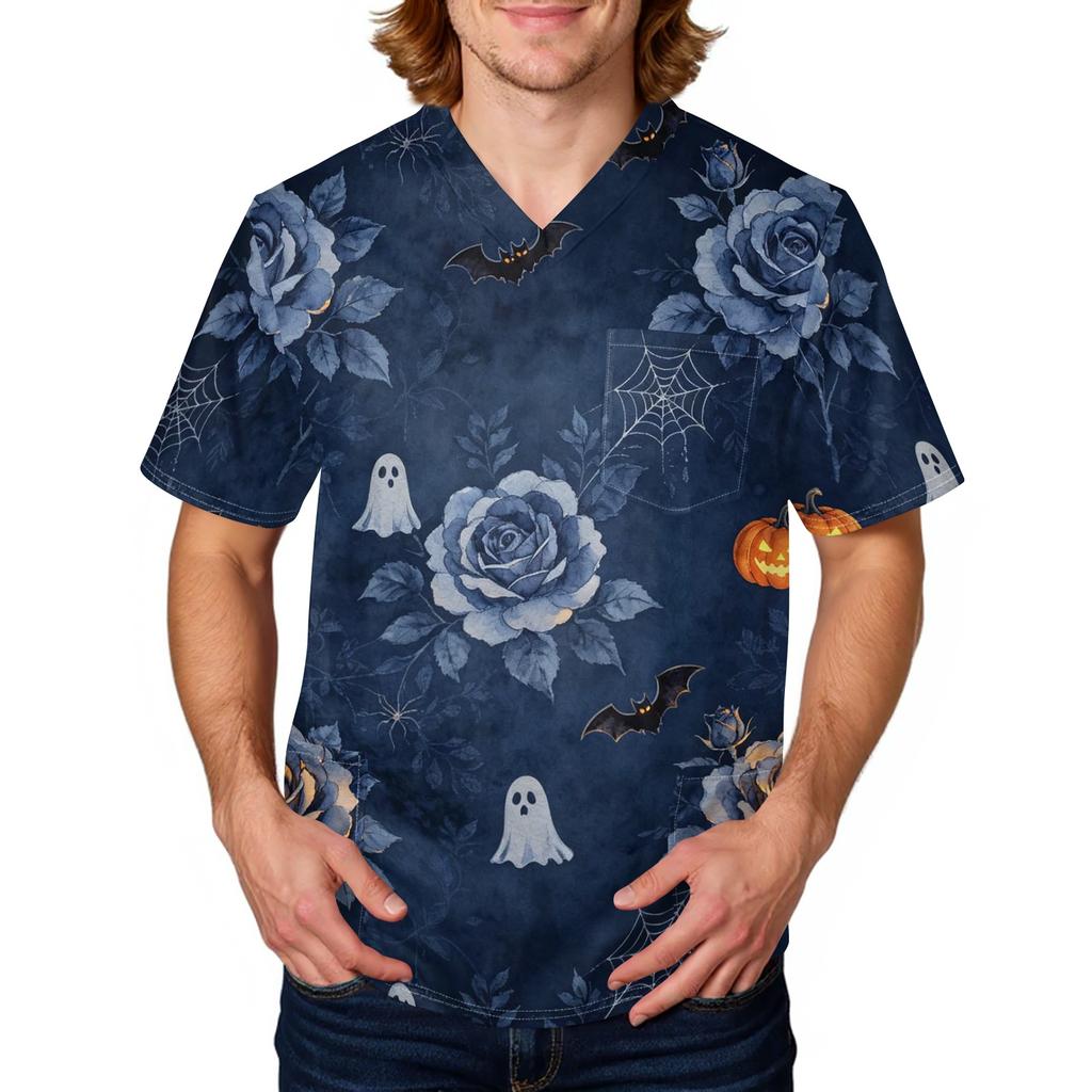 Men's Halloween Print Medical Scrub Top V Neck Tie Pocket Comfortable Fit Workwear for Healthcare Professionals Daily Use