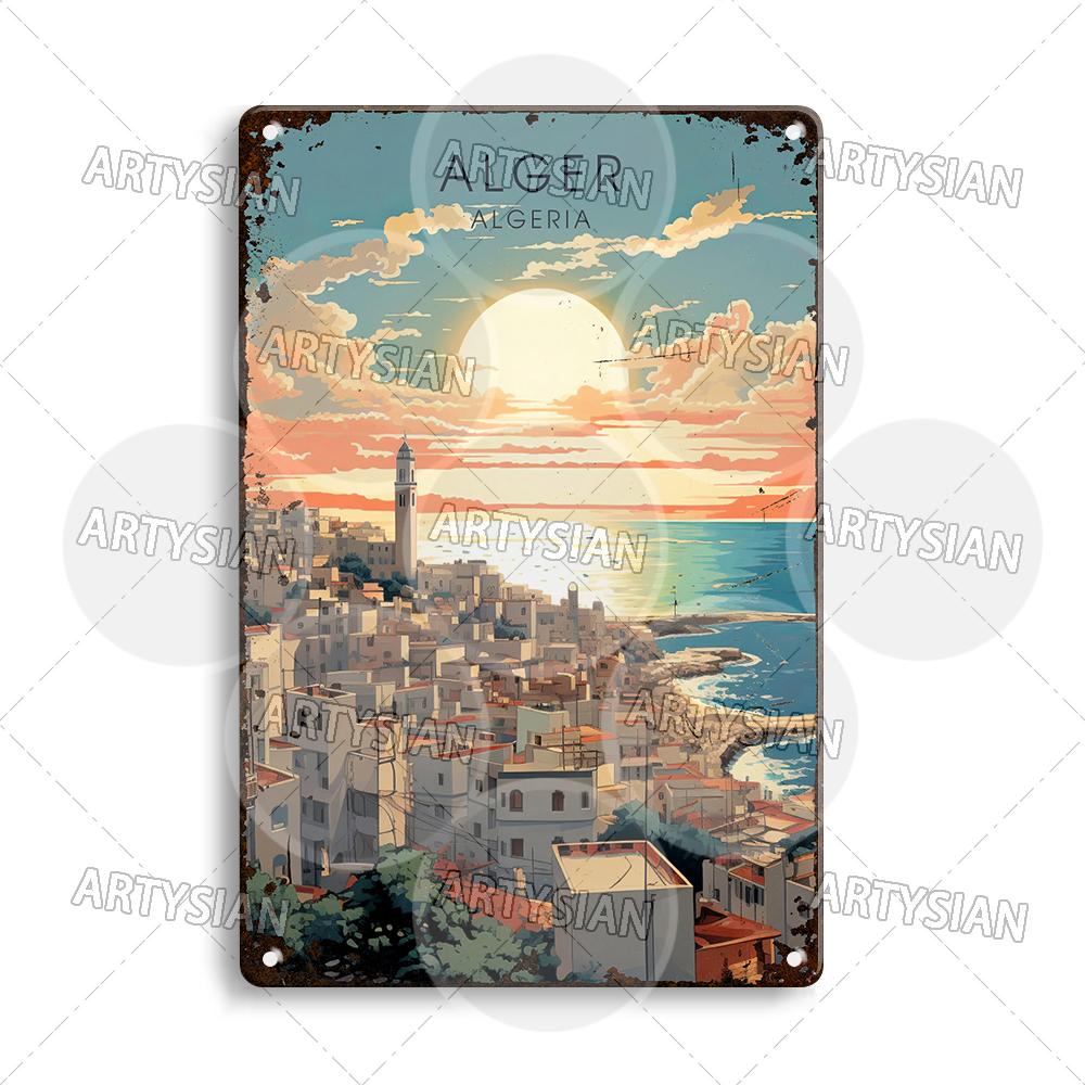 Maghreb Travel Cityscape Metal Sign Alger Algeria Djerba Tunisia Chefchaouen Morocco Marrakesh Zarzis Oran Tiaret Kabylie