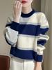 Classic Retro Color Block Wool Knit Sweater - Wide Stripe, Long Sleeve, Autumn/Winter Style for Women
