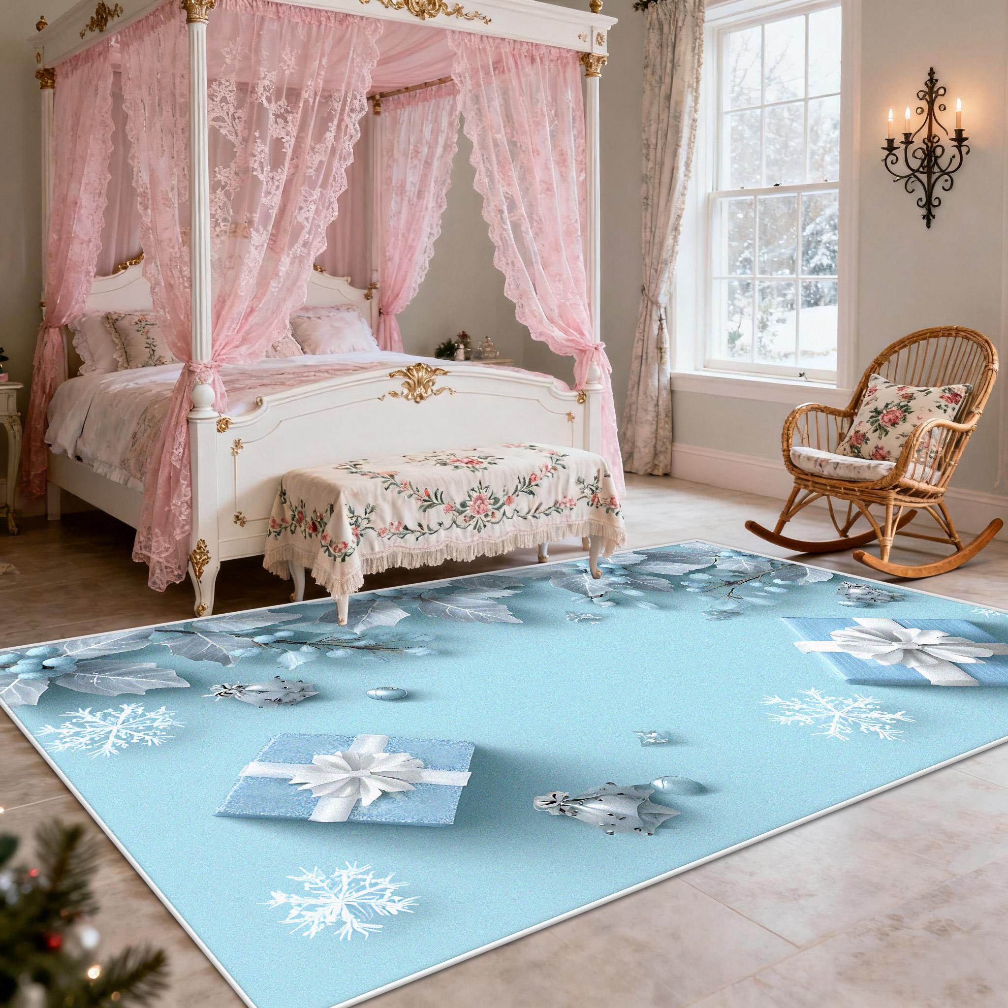 

Christmas Decoration Bedroom Bedside Soft Carpet Blue Gift Box Washable Living Room Rug Non-slip Short Velvet Large Floor Mats 60x90cm