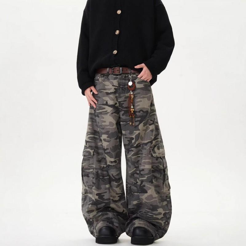 Jeans Cargo Unisex Vestibilità Rilassata Con Stampa Mimetica Strappati Gamba Larga Denim Streetwear