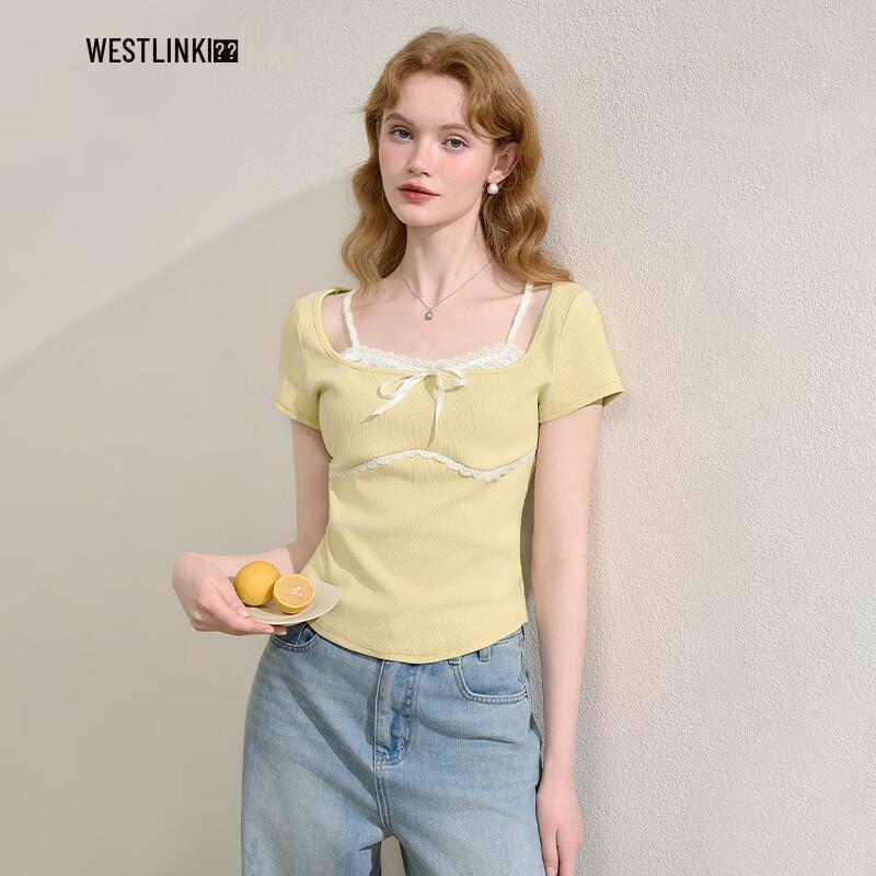 Chic Lace Patchwork Bowknot Faux Two-Piece T-Shirt S