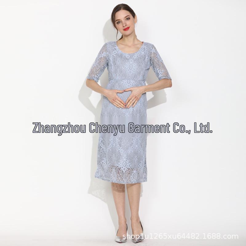 

Plus Size Summer Maternity Lace Nursing Dress - Mid-Sleeve, Round Neck, Elastic Waist, Slimming Fit Extra Large серебряный серый