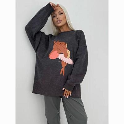Vintage Print Washed Black Loose-Fit Cotton Long-Sleeve T-Shirt for Women