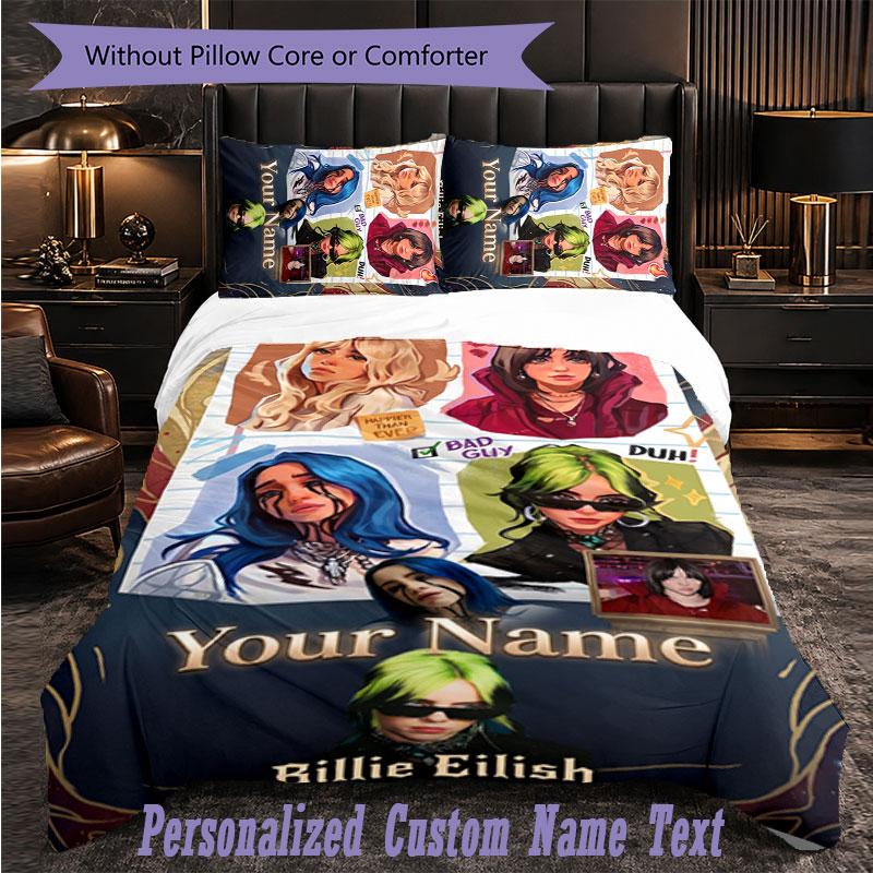 Personalized 3Pcs Bedding SetBillie Eilish Custom Text Duvet Cover Pillowcase Set Bedroom Gift