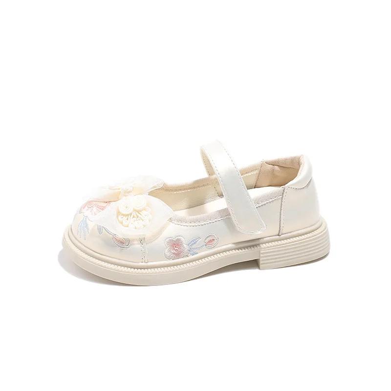 Fashion 3-12y Girls Leather Shoes Children Embroidery Shoe Spring Autumn Princess Flat Heel Party Dance Casual Chinese Style Sandal