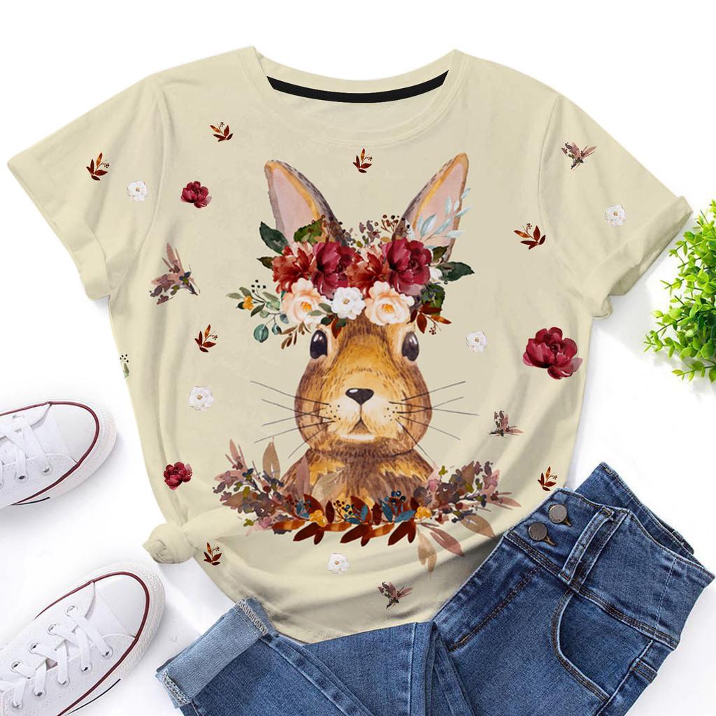 Cute Rabbit Floral Print Casual Round Neck Short Sleeved Summer Fresh Women's Top 3D Digital Print 3443 EMA