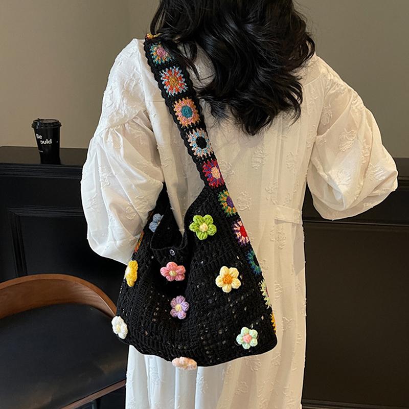 Summer Large Capacity Boho Tote Bag Floral Crochet Handbag Vintage Multicolor Cut-Out Knitted Fashionable Hollow Out Handbag