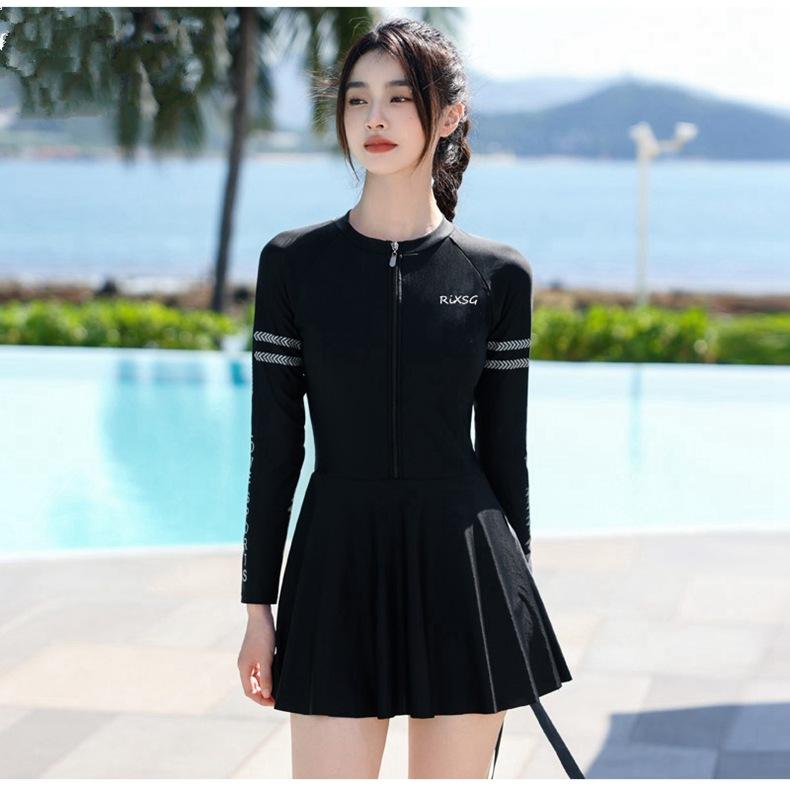 Long Sleeve Swimsuit Women s Split Flat Angle Conservative Skinny Belly Cover Sports Long Sleeve Student Hot Spring Training Swimsuit M чёрный