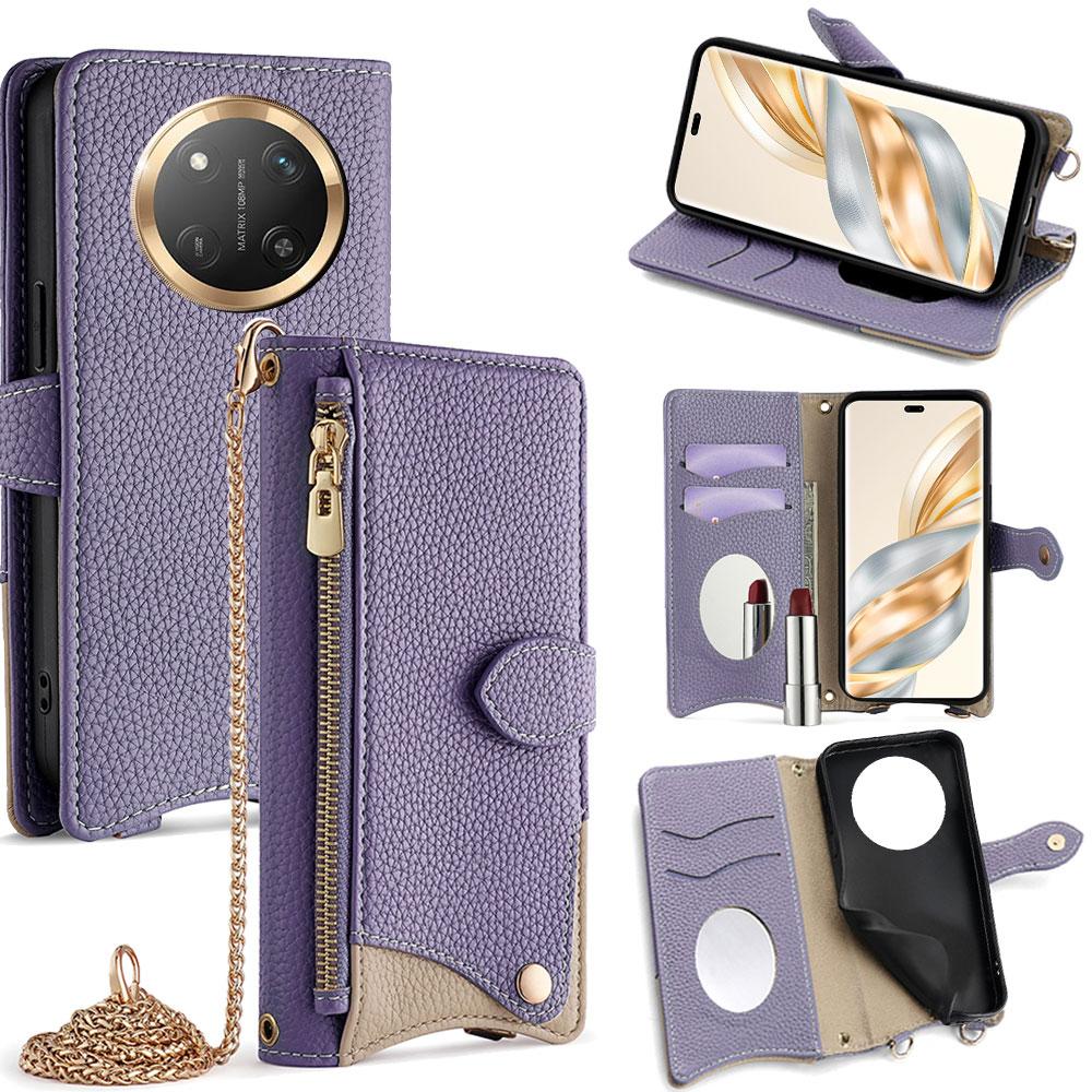 

Кожаный чехол-кошелек с подставкой для Honor Magic7 Lite 5G/X9c 5G/X60 Pro 5G, стиль «неправильный хвост» с цепочкой-ремнем Purple