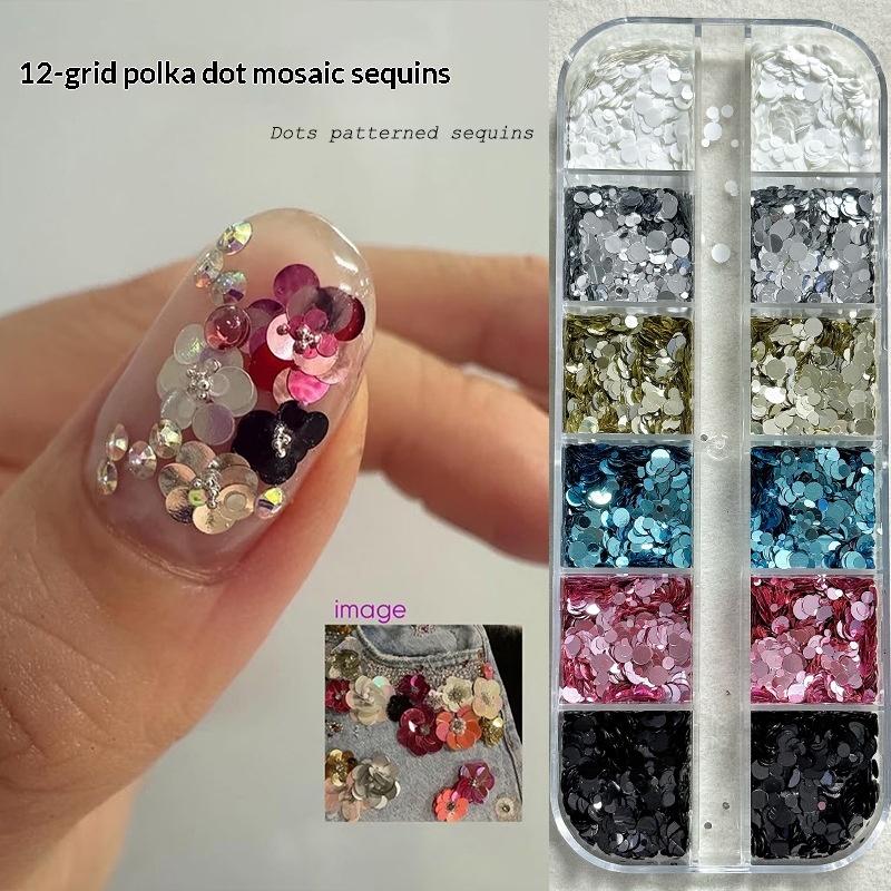 

12 Grids Mixed Mini Circular Nail Glitter Flower DIY Wave Point Sequin Colorful Sparkling Nail Charms Nail Decoration Accessorie