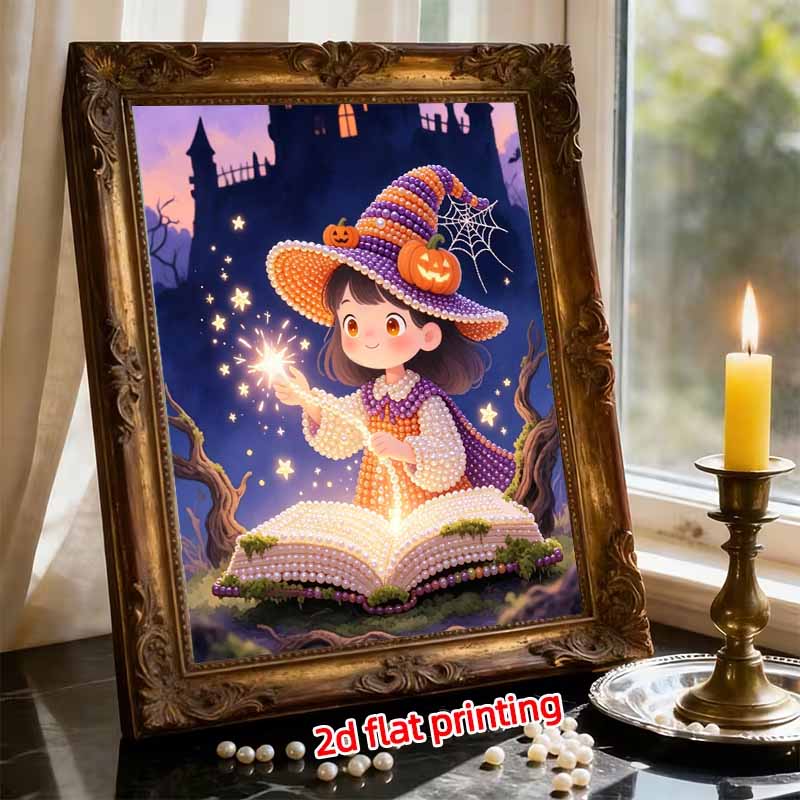 Pearl Painting DIY Kit Frameless Halloween Little Witch Pattern Shiny Bead Art Canvas Creative Wall Decor Holiday Gift Craft