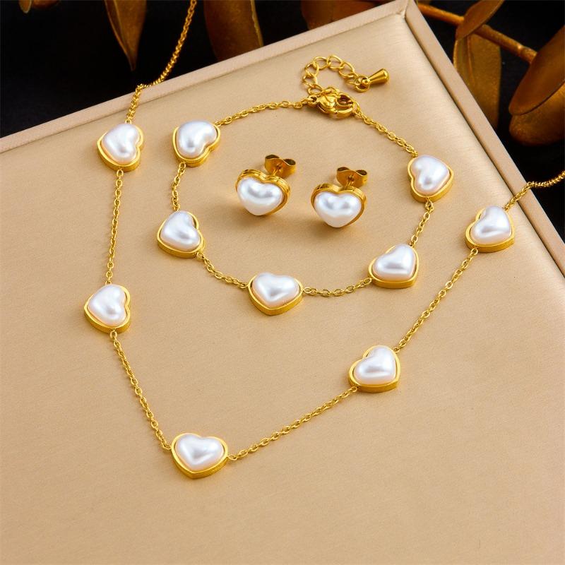 

Heart Pearl Jewelry Set For Women Gold Plated Stainless Steel Necklace Bracelet Earrings белый