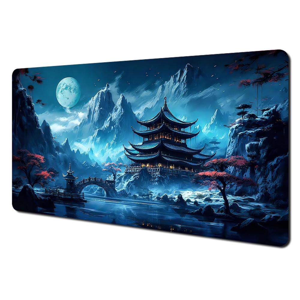 Romantische Kirschblüten und Pagoden-Design Großes Mauspads Schreibtischunterlage Genähte Kante Rutschfest Langlebiges Gaming-Pad Tapis De Souris