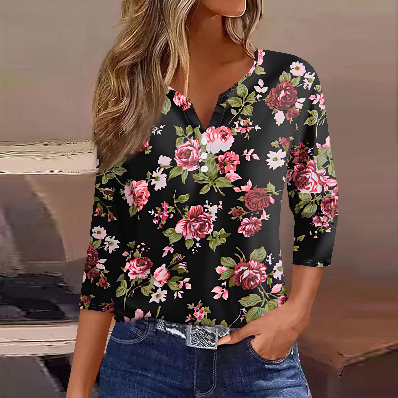 

Жіноча футболка з принтом на ґудзиках, рукав 3/4, щоденна мода на вихідні, базовий V-подібний виріз, звичайний топ XL червоний