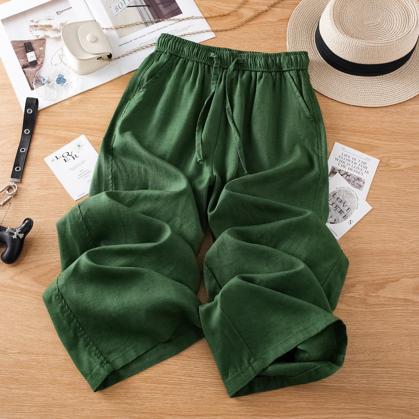 Tencel Linen Women s 2026 Summer Loose Wide-Leg Nine-Point Pants Green-Full Length
