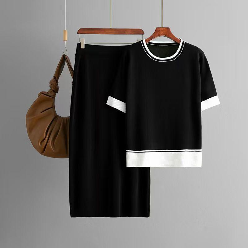 Fashion New Arrival Fashion Knitted Short-Sleeved Shirt Skirt Suit Knitted Top and Skirt Set
