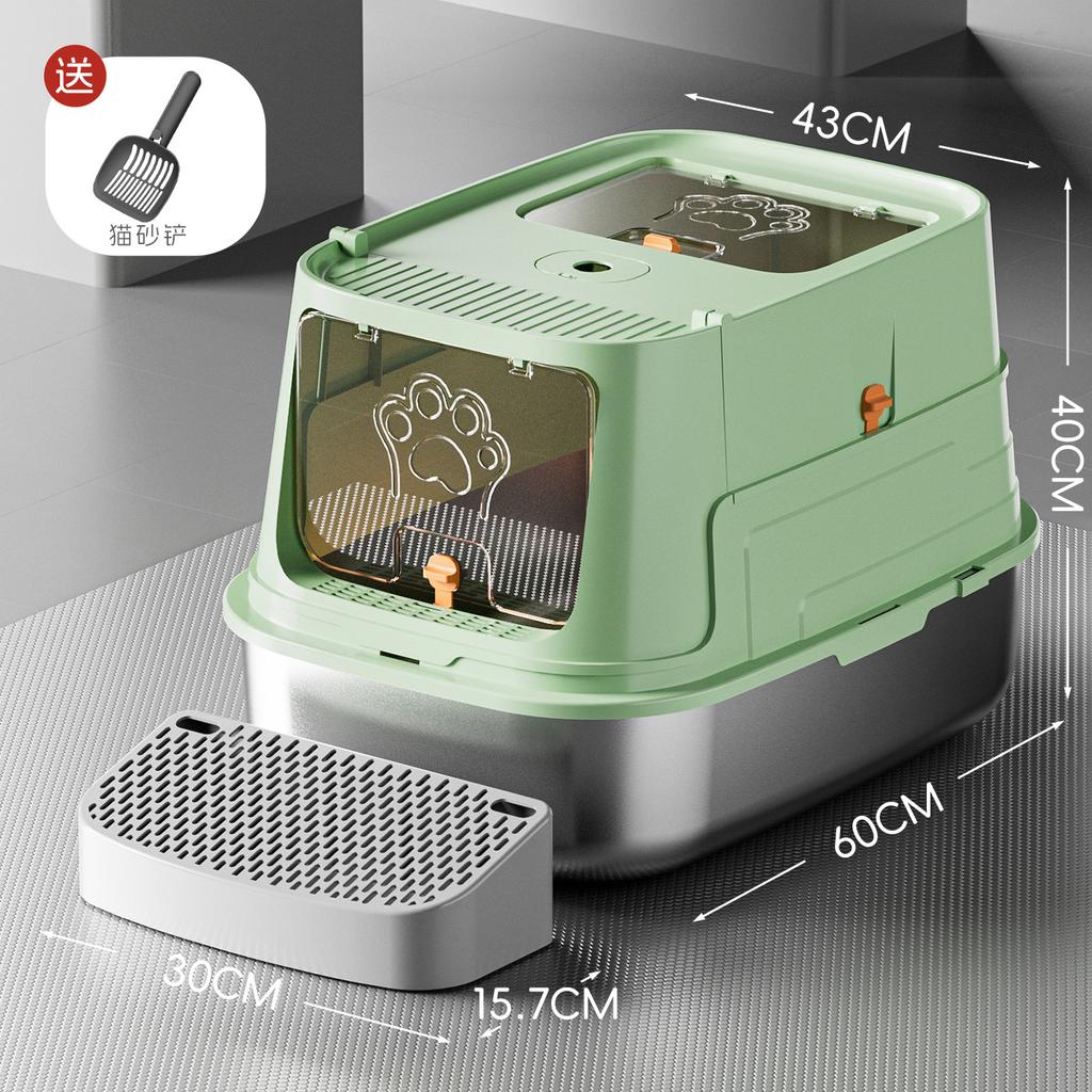 Large Enclosed Cat Litter Box Stainless Steel Anti-Scatter Cat Bedpan Fully Sealed Kitty Toilet High-Sided Pet Bathroom Solution
