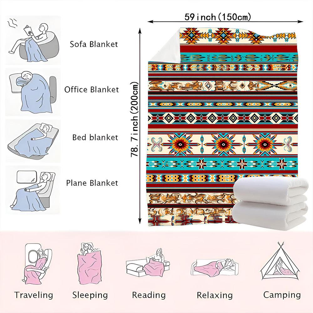 

Southwestern Native American-Inspired Blanket - Vibrant Horizontal Stripes with Red, Blue, Yellow, and Brown Patterns, Featuring 75*100cm