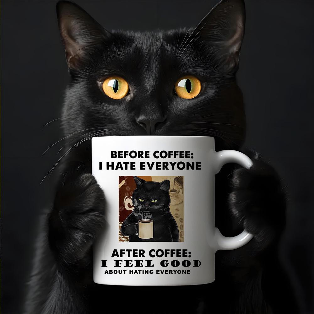 Trendy Black Cat Ceramic Mug with Customizable Logo - Coffee or Tea Cup 301-400ml