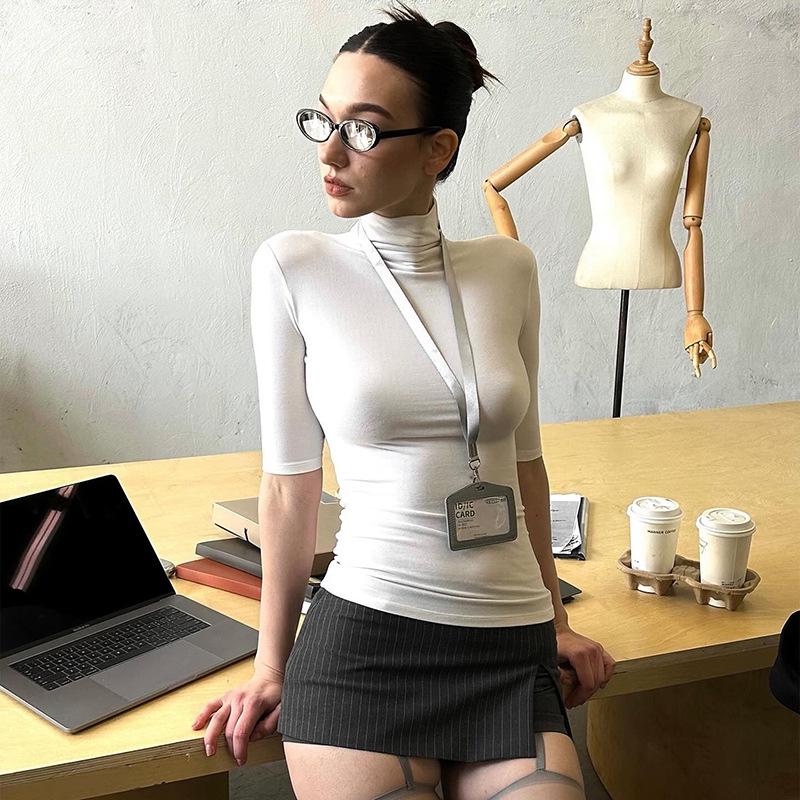 Y25TP032 Women's Solid Color High Neck Short Sleeve Bodycon T-Shirt for Spring/Summer