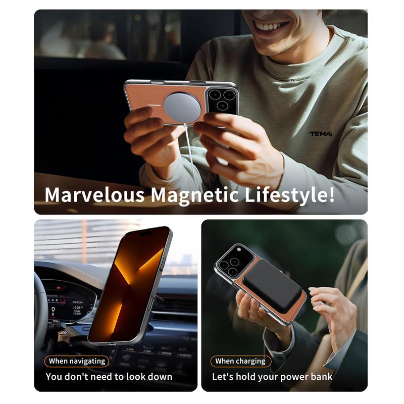 Brown Leather Magnetic Charging Phone Case For iPhone 17 12 13 14 15 16 Pro Max Air Luxury Plating Ultra Thin Shockproof Cover