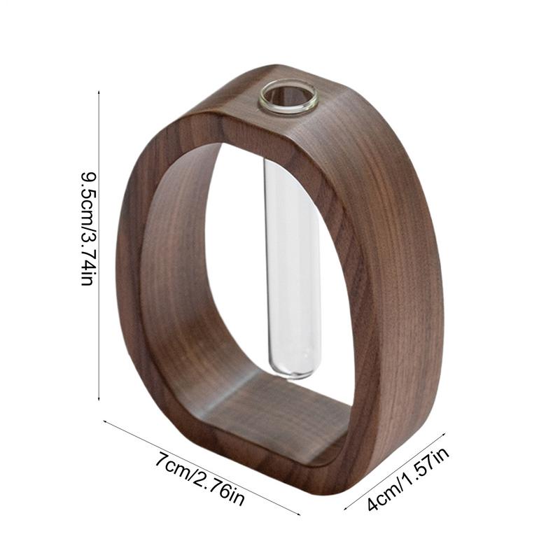 Elegant walnut glass design Creative Hydroponic Plants Container With Wood Frame Transparent Glass Tube Vase Bonsai Home Decor