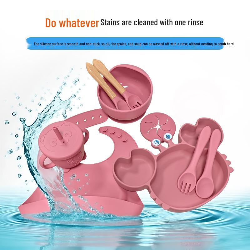 Crab-Themed Silicone Tableware Set: 9-Piece Baby Feeding Kit with Meal Plate, Bowl, Spoon, and Fork