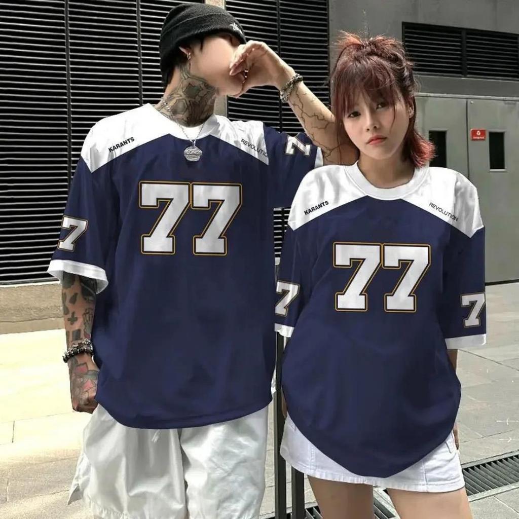 Summer Couple Number 77 Printed Short Sleeve T-shirt Harajuku Plus Size Casual Shirt Round Neck Women's Street Top T-shirt