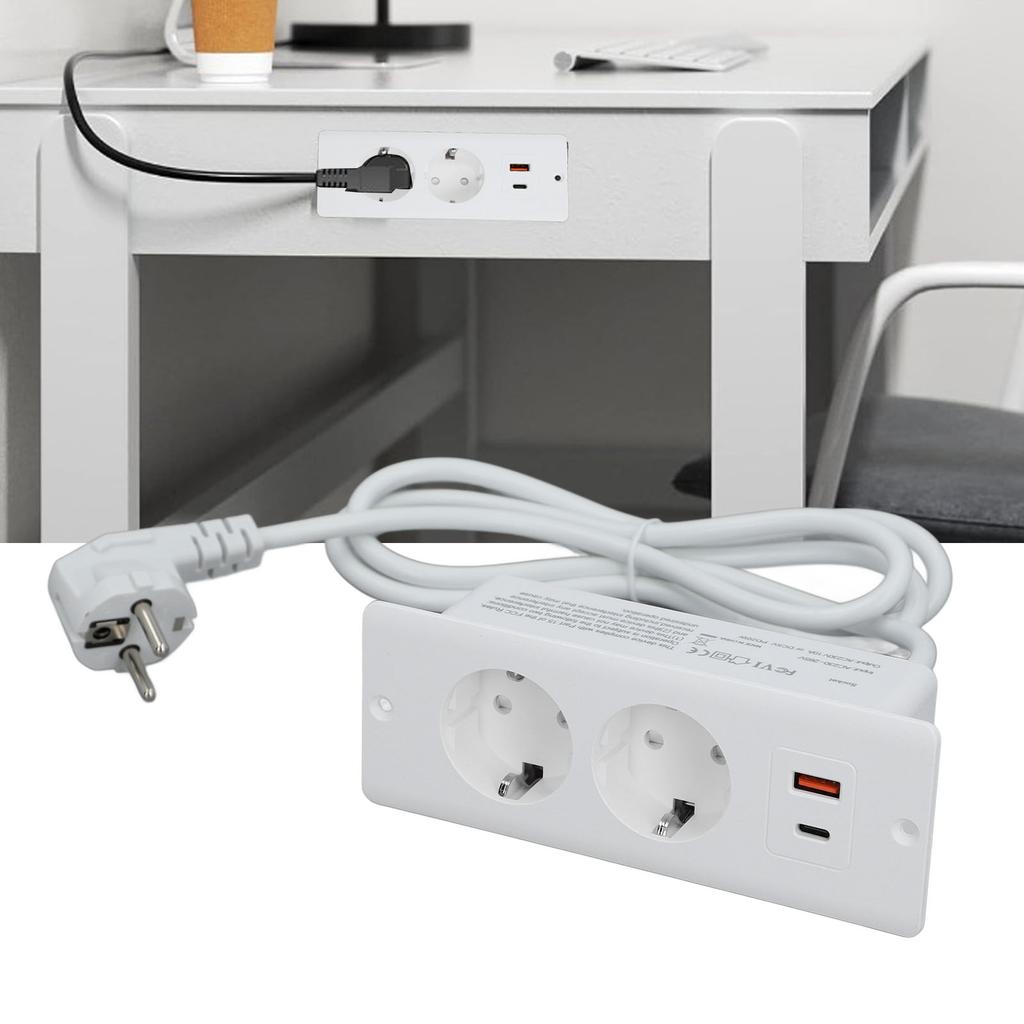 Recessed Socket 2 Outlets with PD20W USB C USB A Port Embedded Furniture Power Strip 1.5m Cord