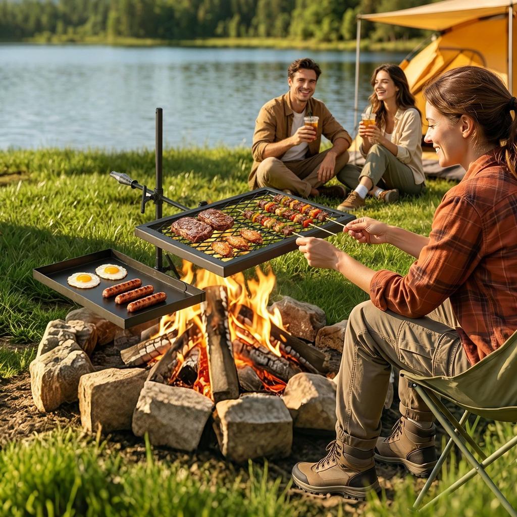 Heavy Duty Swivel Campfire Grill, Double Layer Portable Camping Grill Grate & Griddle, Sturdy Steel BBQ Mesh, 360° Height Adjustable Over Fire Pit,