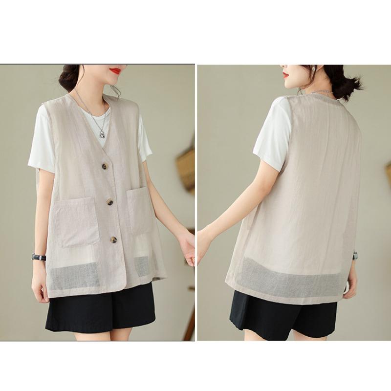 Women Plus Size Linen Blend Sleeveless Vest Open Front V Neck Top