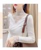 Stylish White Mesh Fleece-Lined High-Neck Lace Shirt for Autumn & Winter, Perfect Under Sweaters.