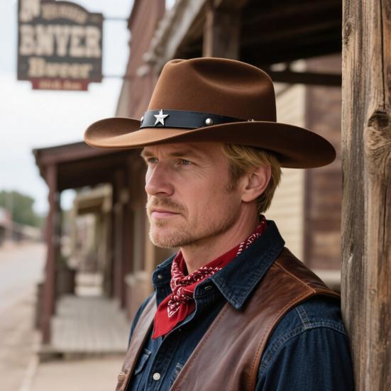 Western Cowboyhatt for Kvinner Menn Bred Brem Strand Cowgirls Hatt Opprullet Filt Fedora Hatt med Stjernebånd