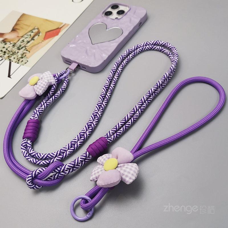 Crossbody & Wrist & Neck Three-purpose mobile phone lanyard adjustable long ins women's back rope flower braided rope