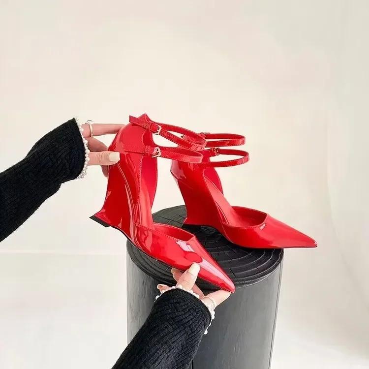 Spring New Red Pointed Wedge High Heels Women's Feeling Bun Toe Sandals A Line Buckle Mary Jane Single Shoes high heels