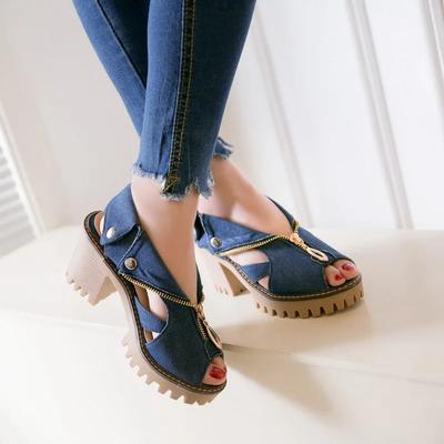 Large Size High Heel Sandal for Women Suit Female Beige Summer Shoes Big High-heeled Comfort Fashion Block Black Clogs Denim