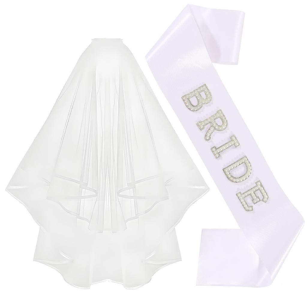 2026 Fashion Bride Bachelor Party, Bride Pearl Crystal Shoulder Strap Veil Headband Ribbon