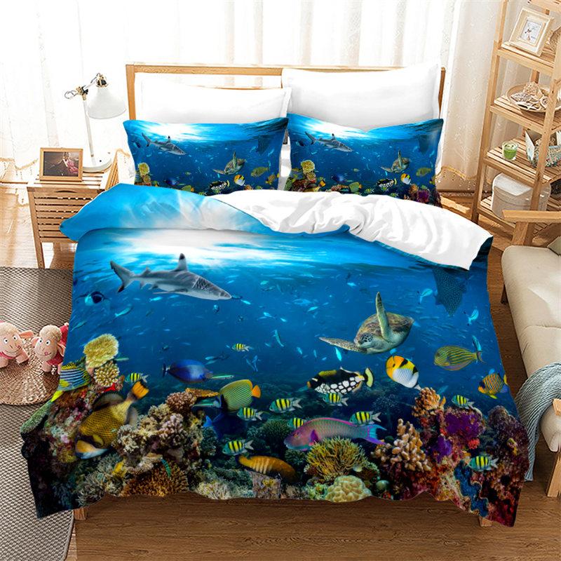 Cartoon Ocean Fish Duvet Cover Microfiber Marine Theme Bedding Set Sea Underwater World Quilt Cover Queen For Boys Girls